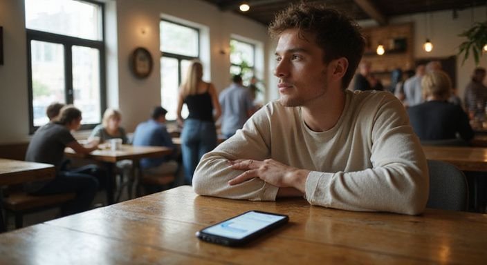 Eine Person unterhält sich entspannt in einem belebten Café.