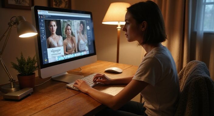 Eine Frau sitzt an einem Schreibtisch und betrachtet erotische Anzeigen.