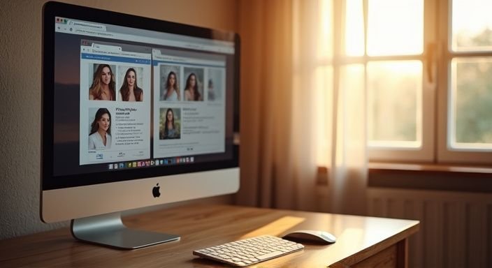 Ein Computerbildschirm zeigt verschiedene Dating-Website-Profile in einem gemütlichen Raum.