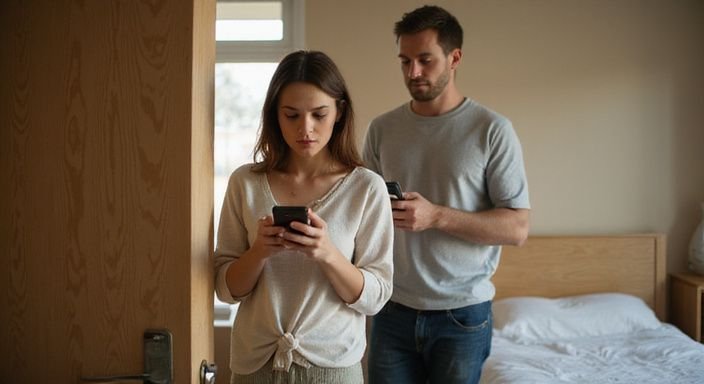 Ein Paar steht entspannt in einem Gästezimmer und schaut auf Handys.
