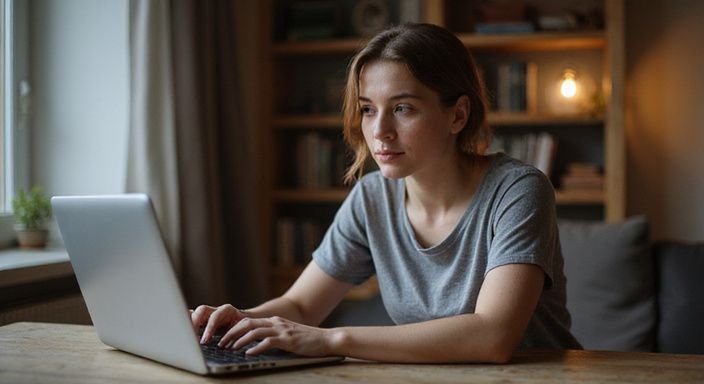 Eine junge Frau sitzt an einem Schreibtisch und nutzt einen Laptop und suche erotische kontakte sex dating Bayern.