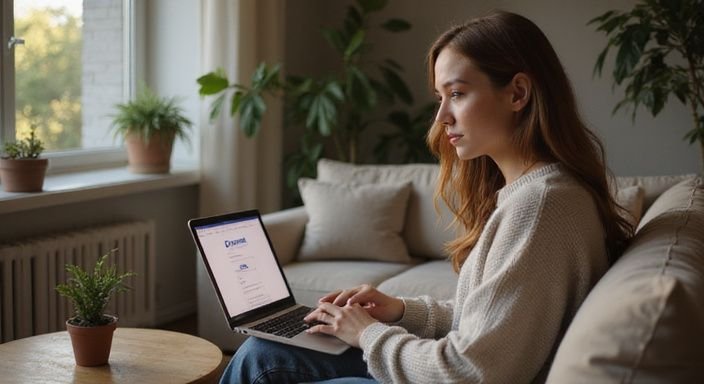 Eine Frau sitzt konzentriert mit einem Laptop in einem gemütlichen Raum und wollen erotische kontakte sex dating Bayern.