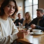 Eine junge Frau sitzt in einem Café und benutzt ihr Smartphone