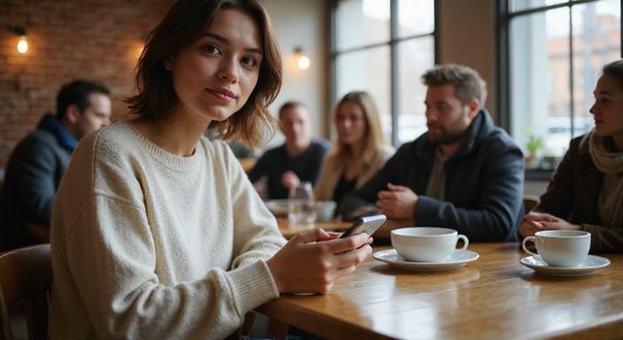 Eine junge Frau sitzt in einem Café und benutzt ihr Smartphone
