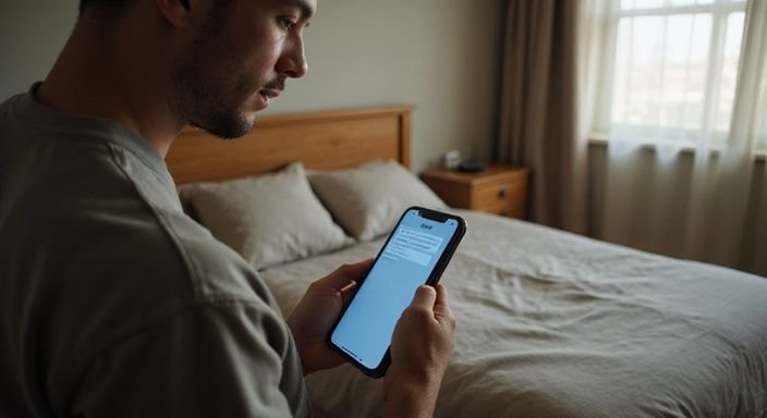 Eine Person betrachtet konzentriert Anzeigen auf ihrem Smartphone in einem Schlafzimmer.