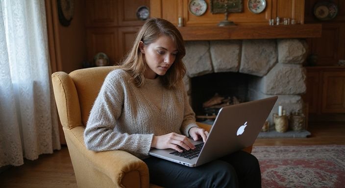 Eine Frau in einem gemütlichen Raum arbeitet konzentriert am Laptop.