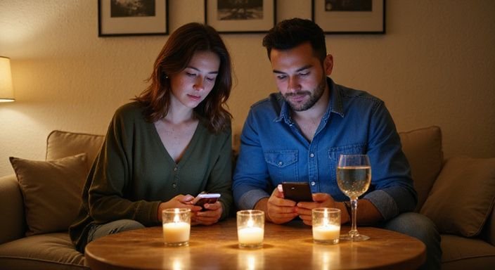Ein Paar sitzt entspannt auf einem Sofa und betrachtet seine Smartphones und suche erotische kontakte sex-dating niedersachsen.