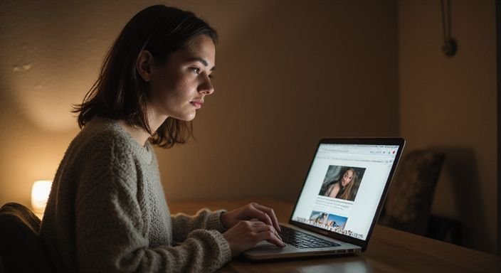 Frau am Schreibtisch, nachdenklich über eine Dating-Website.