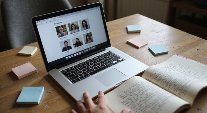 Ein Schreibtisch mit Laptop, Notizen und einem Notizblock für Dating