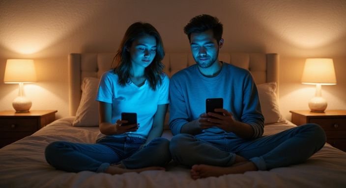 Ein Paar sitzt nachts entspannt auf dem Bett und schaut auf Smartphones.