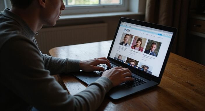 Eine Person sitzt an einem Schreibtisch und nutzt einen Laptop.