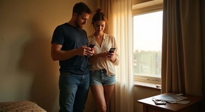 Ein Paar in einem Hotelzimmer nutzt Smartphones und zeigt Intimität und haben ein geheimer sexkontakt.