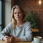 Eine Frau mittleren Alters sitzt allein in einem gemütlichen Café