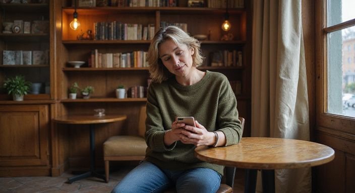 Eine mittelalte Frau sitzt in einem Café und scrollt auf ihrem Smartphone und suche Milf sexkontakte.