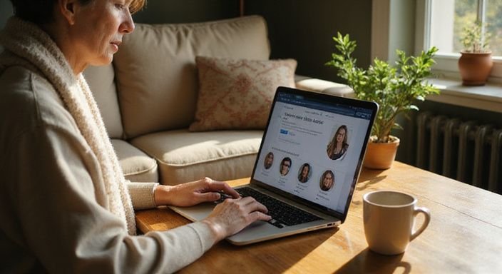 Eine Person nutzt einen Laptop in einem einladenden Wohnzimmer.