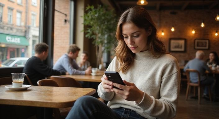 Eine Frau sitzt entspannt in einem Café und nutzt ihr Smartphone und suche Milf sexkontakte.
