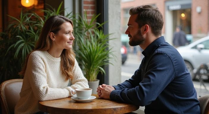 Ein Paar sitzt an einem Tisch und führt ein entspanntes Gespräch.