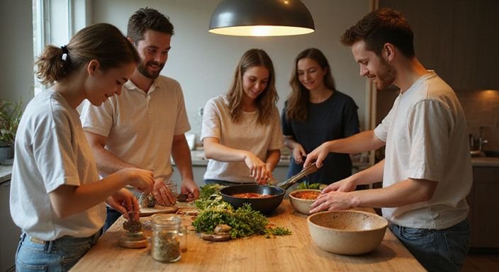 Junge Erwachsene kochen gemeinsam in einer gemütlichen Küchenumgebung.