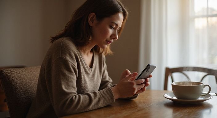 Eine Frau in einem gemütlichen Raum aktualisiert ihr Dating-Profil für Milf sexkontakte.