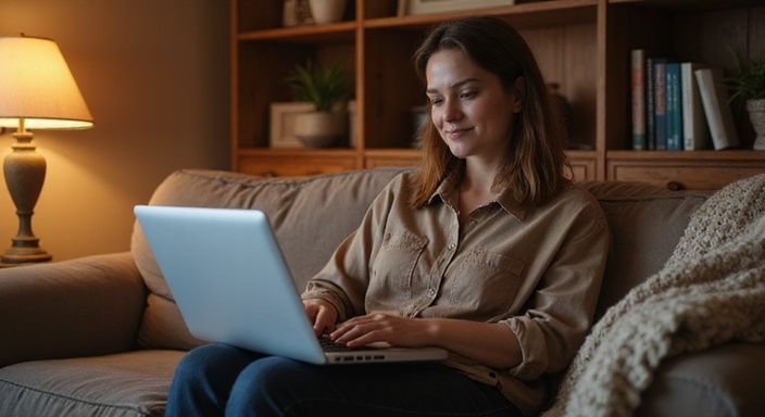 Eine entspannte Frau tippt nachdenklich auf ihrem Laptop im Wohnzimmer.
