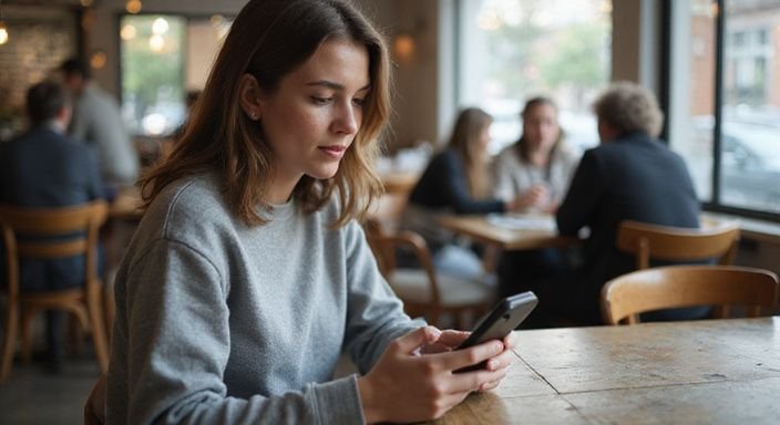 Eine Frau in einem Café scrollt konzentriert durch eine Dating-App für Milf sexkontakte..