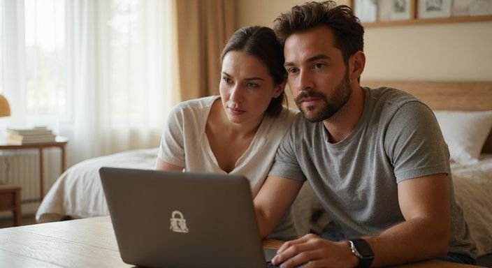 Ein Paar sitzt auf einem Sofa und zeigt echte Begeisterung. Ein Paar sitzt auf einem Sofa und zeigt echte Begeisterung.