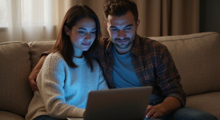 Ein Paar sitzt auf einer Couch und arbeitet gemeinsam am Laptop. Ein Paar sitzt auf einer Couch und arbeitet gemeinsam am Laptop und wollen online sexkontakte finden.