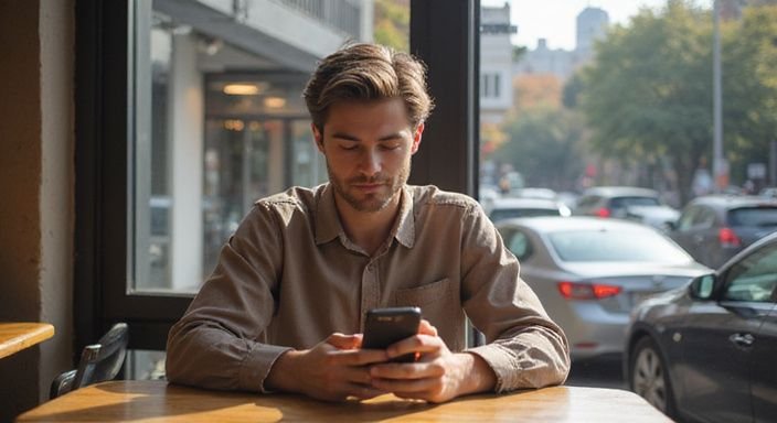 Eine Person sitzt entspannt an einem Tisch und nutzt ihr Smartphone. Eine Person sitzt entspannt an einem Tisch und nutzt ihr Smartphone und wollen online sexkontakte finden.