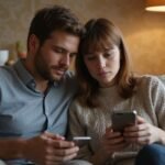 Ein Paar sitzt zusammen auf einem Sofa und betrachtet konzentriert ihre Smartphones