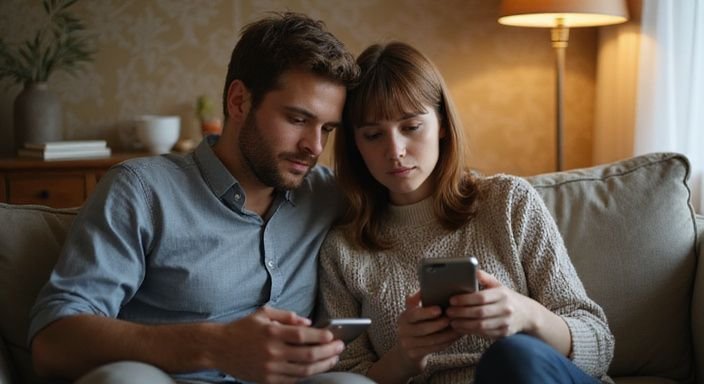 Ein Paar sitzt zusammen auf einem Sofa und betrachtet konzentriert ihre Smartphones