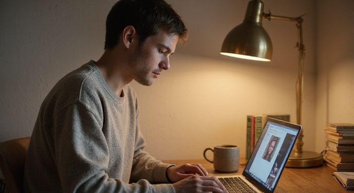 Eine Person nutzt konzentriert eine Dating-App am Schreibtisch. Eine Person nutzt konzentriert eine Dating-App am Schreibtisch und wollen online sexkontakte finden.