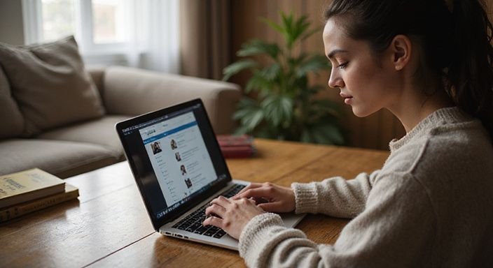 Eine Person sitzt vor einem Laptop und betrachtet Online-Dating-Profile. Eine Person sitzt vor einem Laptop und betrachtet Online-Dating-Profile.