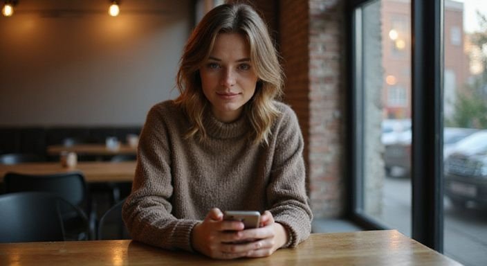 Eine Frau sitzt entspannt am Tisch und nutzt ihr Smartphone und wollen ein sexdate mit älteren frauen.