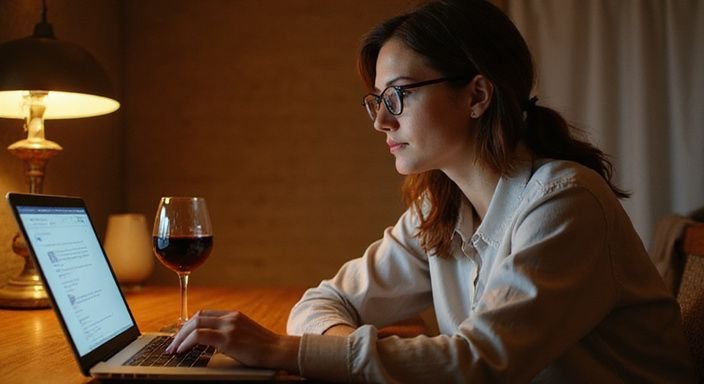 Eine Frau in den 40ern sitzt konzentriert an einem Schreibtisch.