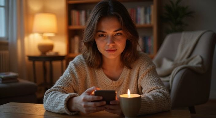 Eine Frau entspannt sich mit ihrem Smartphone in einem gemütlichen Wohnzimmer.
