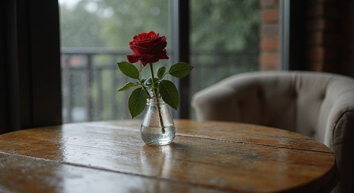Ein roter Rose in einer Glasvase auf einem alten Holztisch.