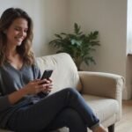 Eine Frau in bequemer Kleidung lächelt beim Lesen einer Nachrichten App