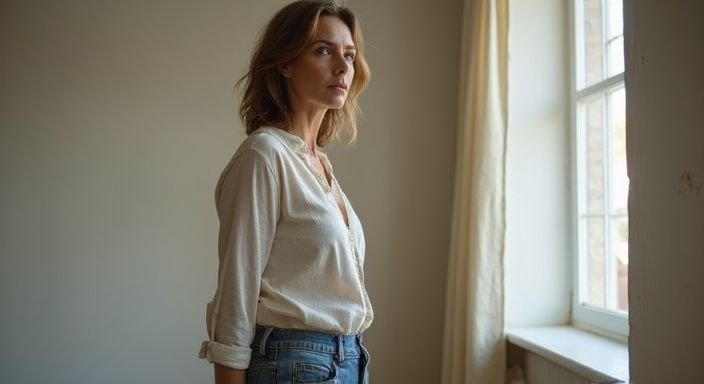 Eine selbstbewusste Frau mit einem nachdenklichen Ausdruck in einem gemütlichen Raum.