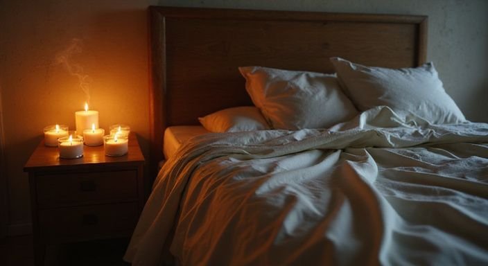 Ein einladendes Schlafzimmer mit Kerzenlicht und elegantem Seidentuch.