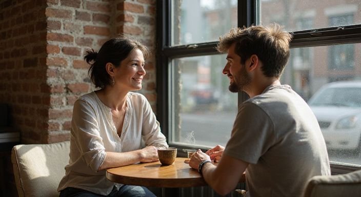 Ein Gespräch über ein sexdate mit älteren frauen zwischen einer Frau und einem jungen Mann in einem Café.