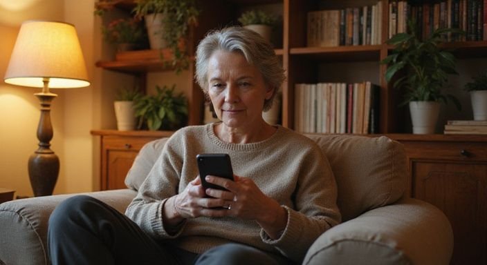 Eine mittlere Frau entspannt sich im Wohnzimmer mit ihrem Smartphone und suche ein sexdate mit älteren frauen.