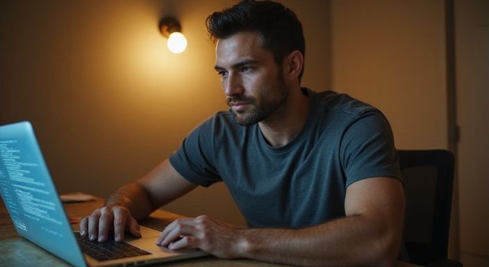 Ein Mann sitzt am Schreibtisch und konzentriert sich auf seinen Laptop und suche sexkontakt in Baden-Württemberg.