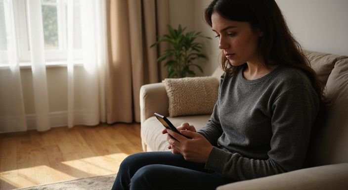 Eine Frau in legerer Kleidung entspannt auf einem Sofa mit Smartphone
