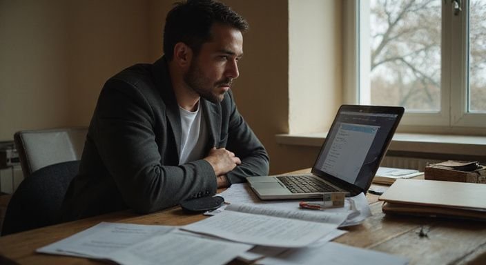 Eine Person arbeitet konzentriert an einem Holzschreibtisch mit Dokumenten.