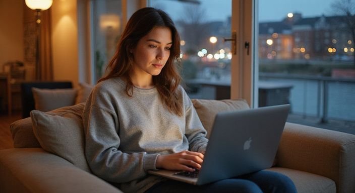 Eine junge Frau sitzt auf einem Sofa und arbeitet am Laptop und suche sexkontakt in Baden-Württemberg.