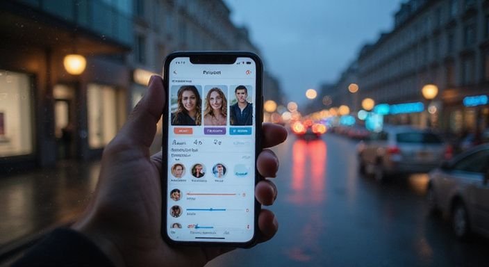 Ein Smartphone zeigt ein Dating-App-Profil vor Sexkontakt Berlin.
