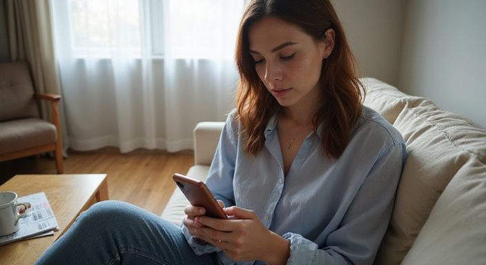 Eine Frau scrollt entspannt durch eine Dating-App auf ihrem Smartphone und suche sexkontakt in Berlin.