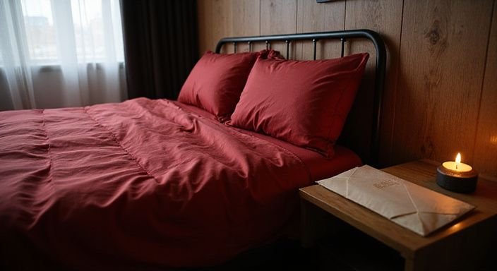Ein modernes Hotelzimmer mit rotem Bett und Kerzenschein.
