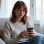 Eine Frau in einem bequemen Stuhl beschäftigt sich mit ihrem Smartphone