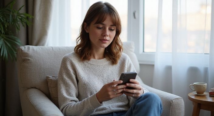 Eine Frau in einem bequemen Stuhl beschäftigt sich mit ihrem Smartphone und suche Sexkontakt in Berlin.